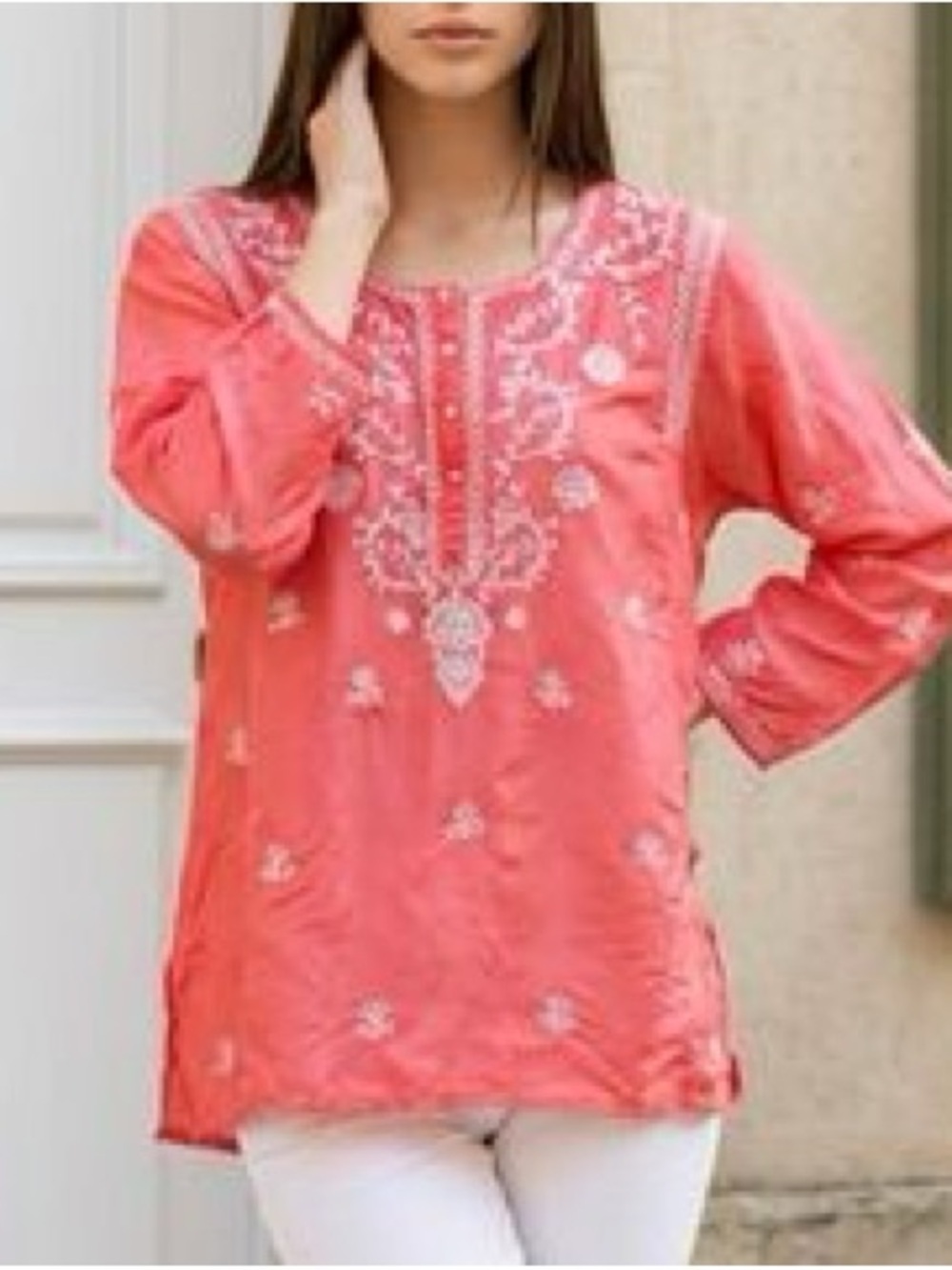 Calypso St. Barth Jeweled Tunic Coral Embroidered Embellish Rhinestone 100% SILK